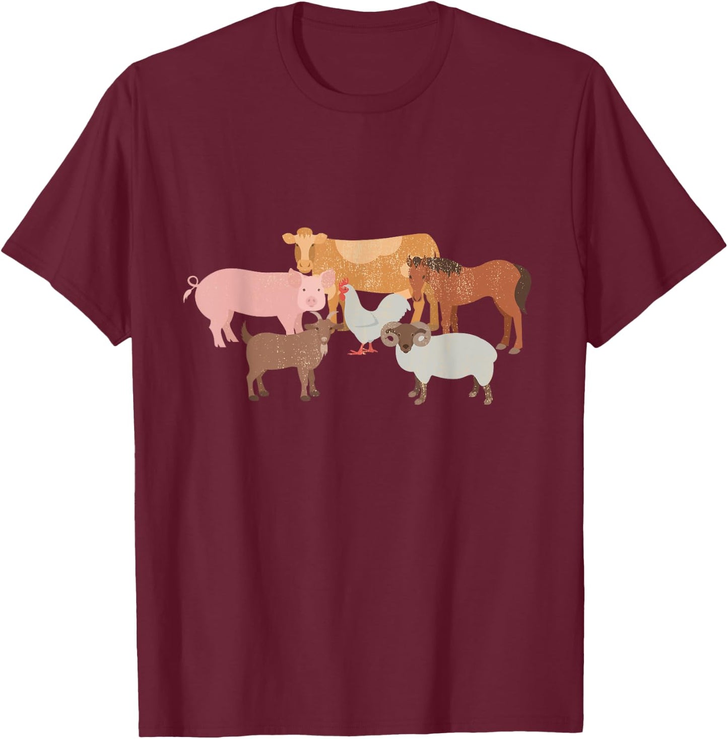 Cute Farm Animals Cow Pig Chicken Horse Sheep and Goat T-Shirt - T-Shirt | Maroon