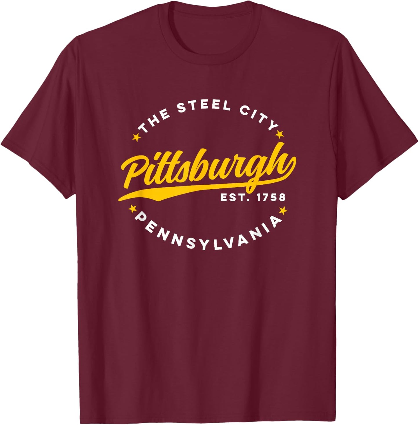 Vintage Pittsburgh Pennsylvania The Steel City Yellow Text T-Shirt - T-Shirt | Maroon