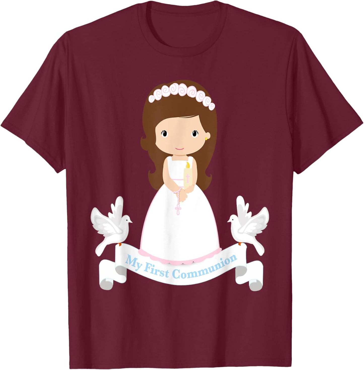 First Communion Shirt Kids Rosary Girls Daughter Brown Hair T-Shirt - T-Shirt | Maroon