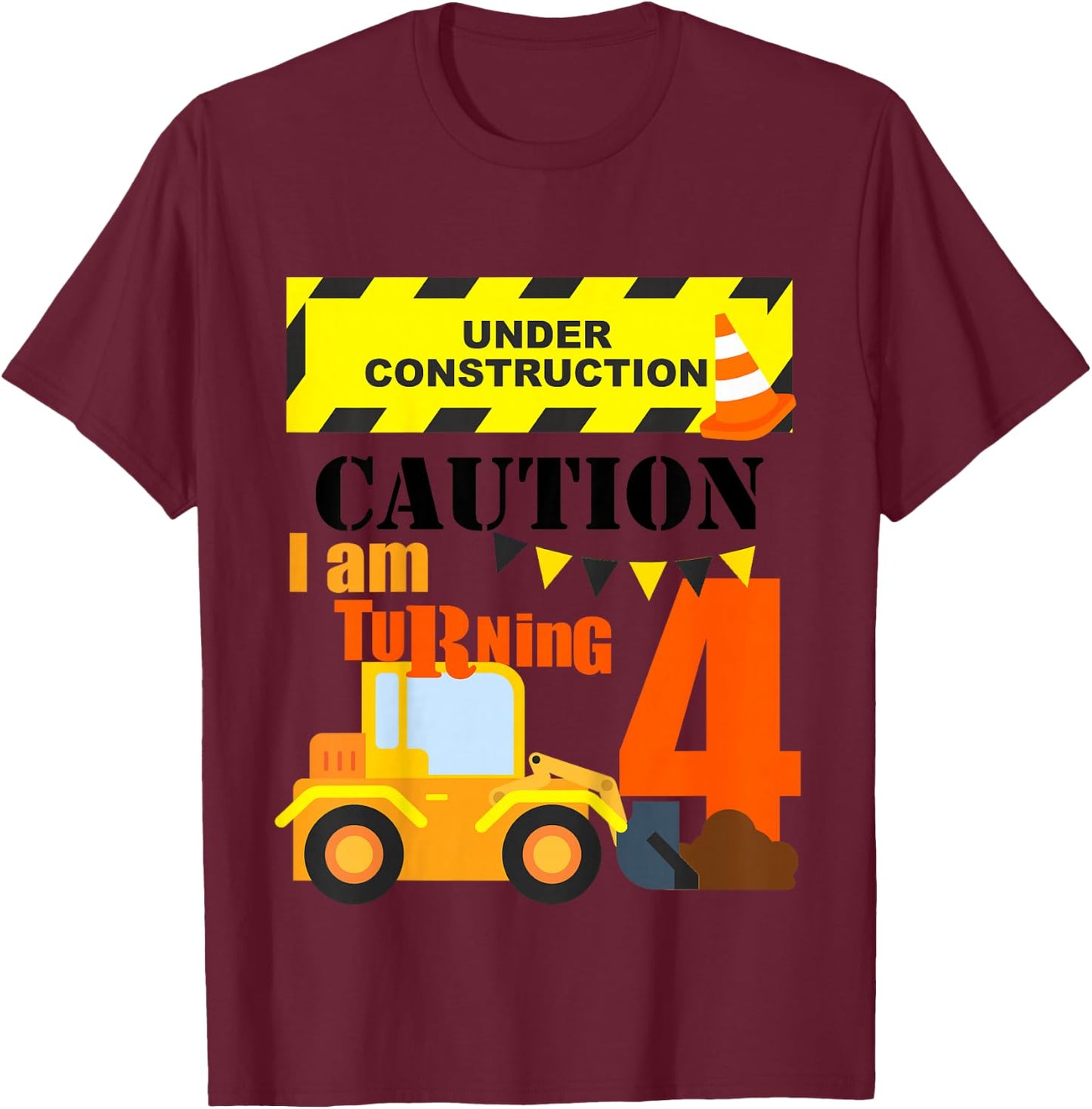 Kids 4th Construction Truck Birthday Excavator Age 4 Year Old Boy T-Shirt - T-Shirt | Maroon