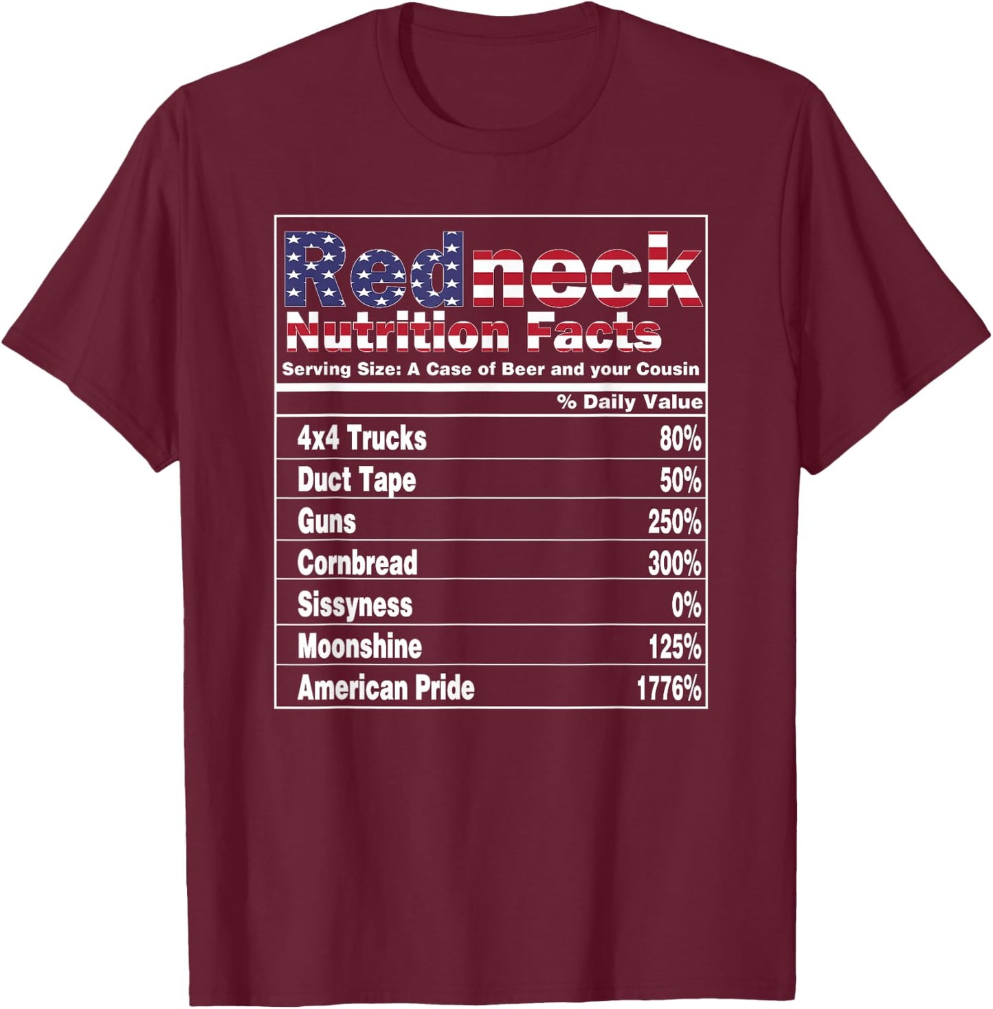 Redneck Nutrition Facts 4th of July Country Funny T-Shirt - T-Shirt | Maroon