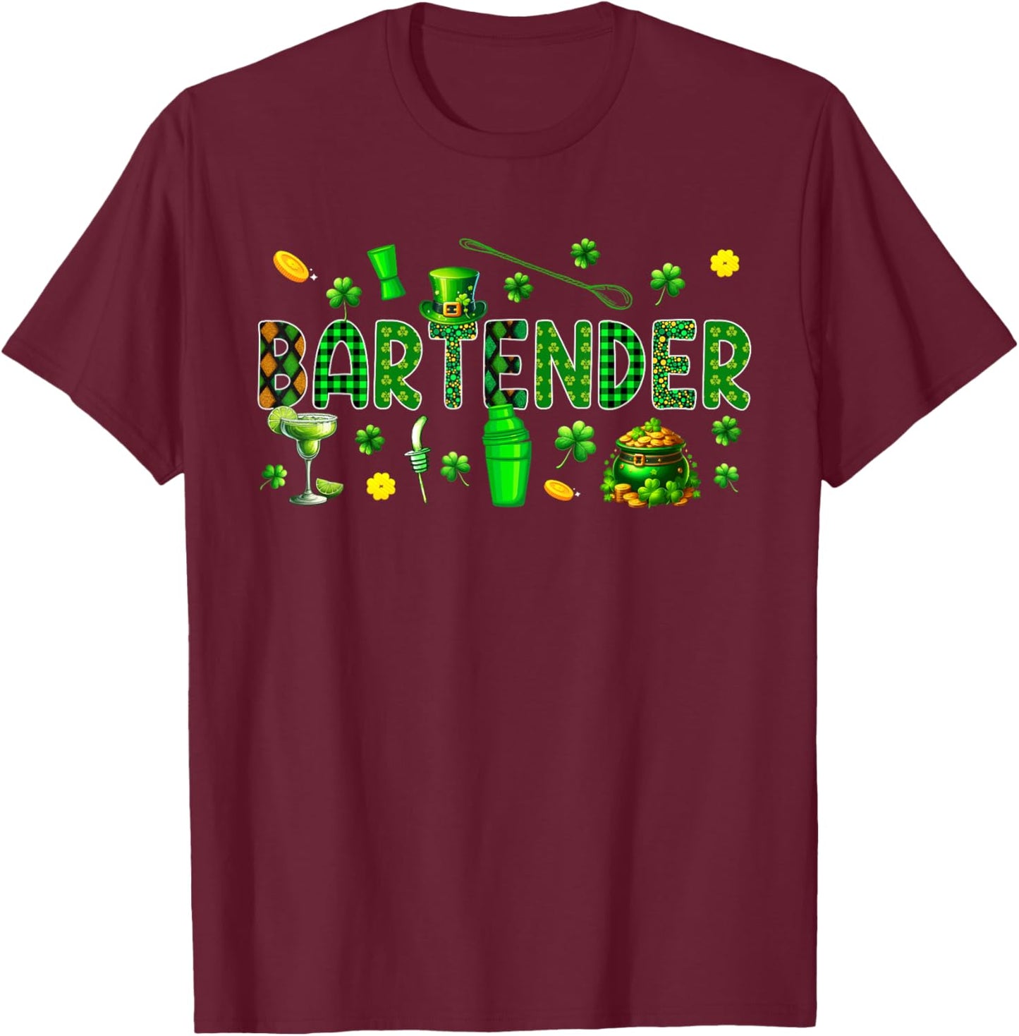 Bartender Tools St. Patrick's Day Shamrocks Funny Job Team T-Shirt - T-Shirt | Maroon