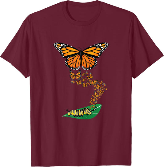 Colorful Caterpillar to Monarch Butterfly Metamorphosis Gift T-Shirt - T-Shirt | Maroon