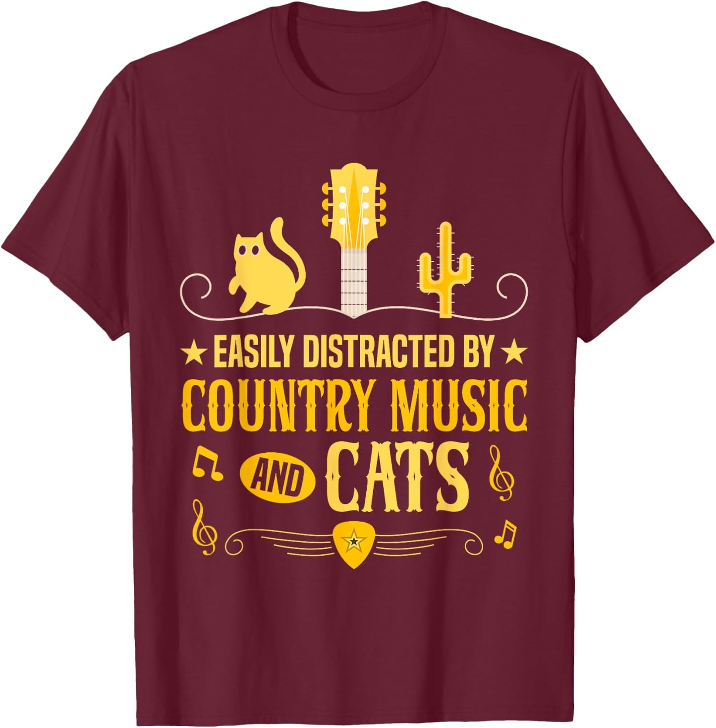 Distracted By Country Music And Cats Cowboy Cat T-Shirt - T-Shirt | Maroon