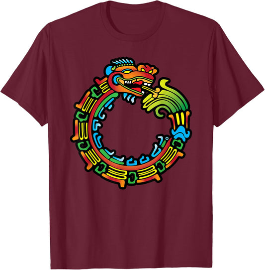 Aztec Ouroboros Quetzalcoatl Feathered Serpent Mayan T-Shirt - T-Shirt | Maroon