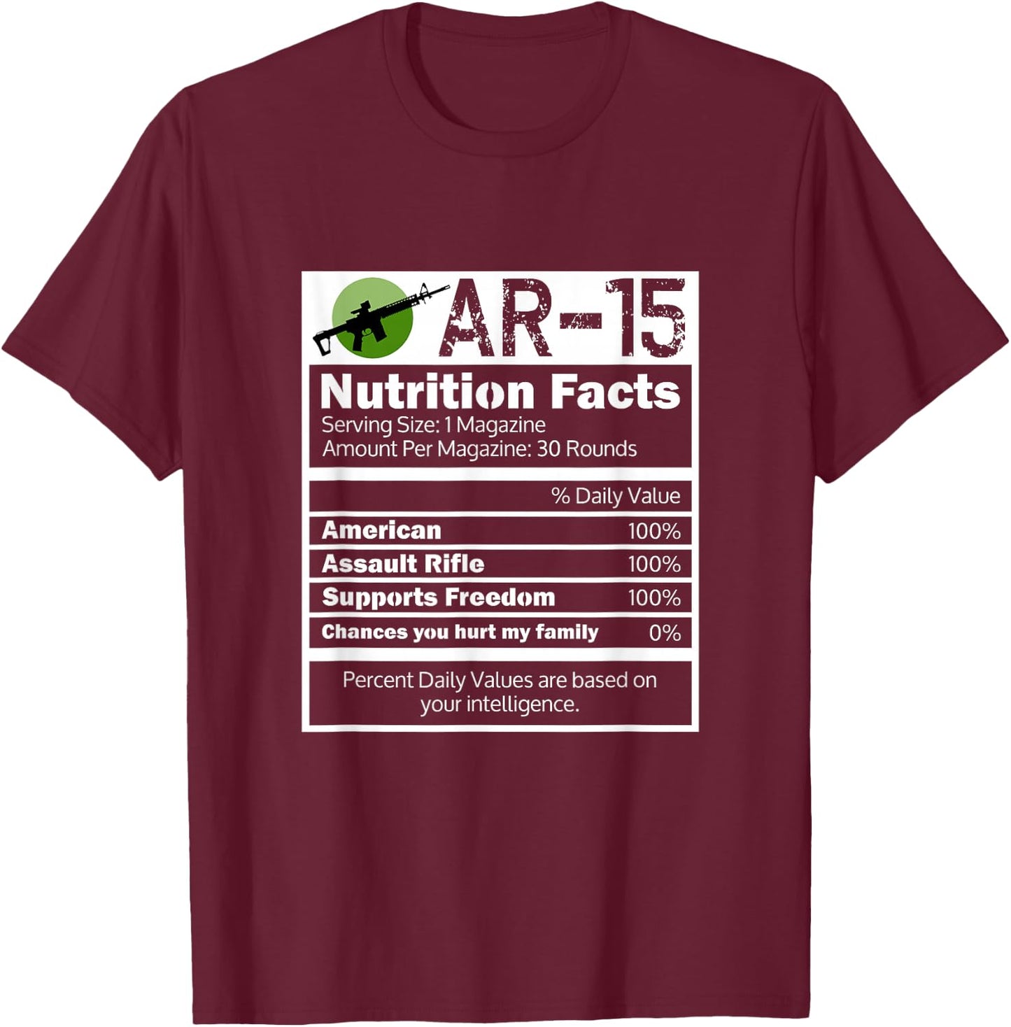 Assault Rifle AR 15 Gun Nutrition Facts Funny Gift T-Shirt - T-Shirt | Maroon