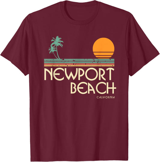 Vintage Newport Beach California Sunset Palm Trees T-Shirt - T-Shirt | Maroon