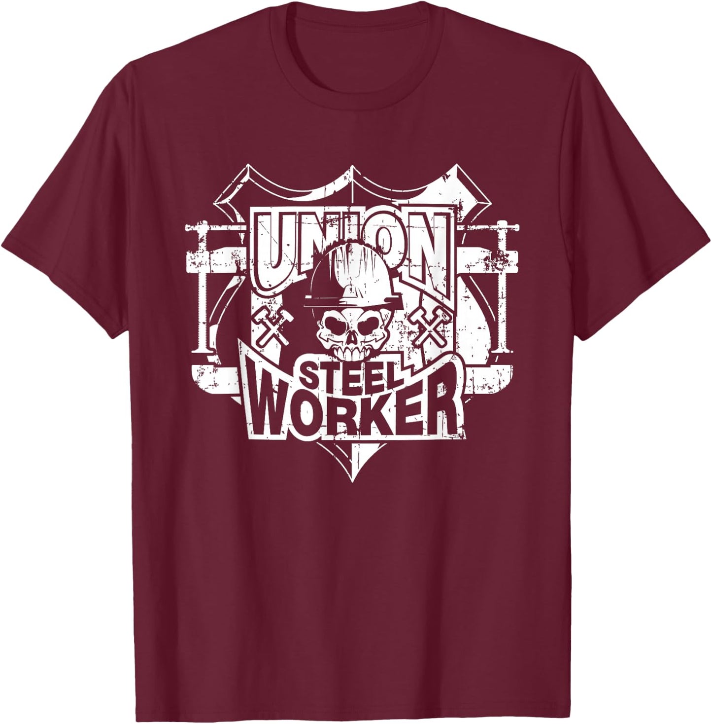 Tough Proud Union Steel Worker Skull T-Shirt - T-Shirt | Maroon