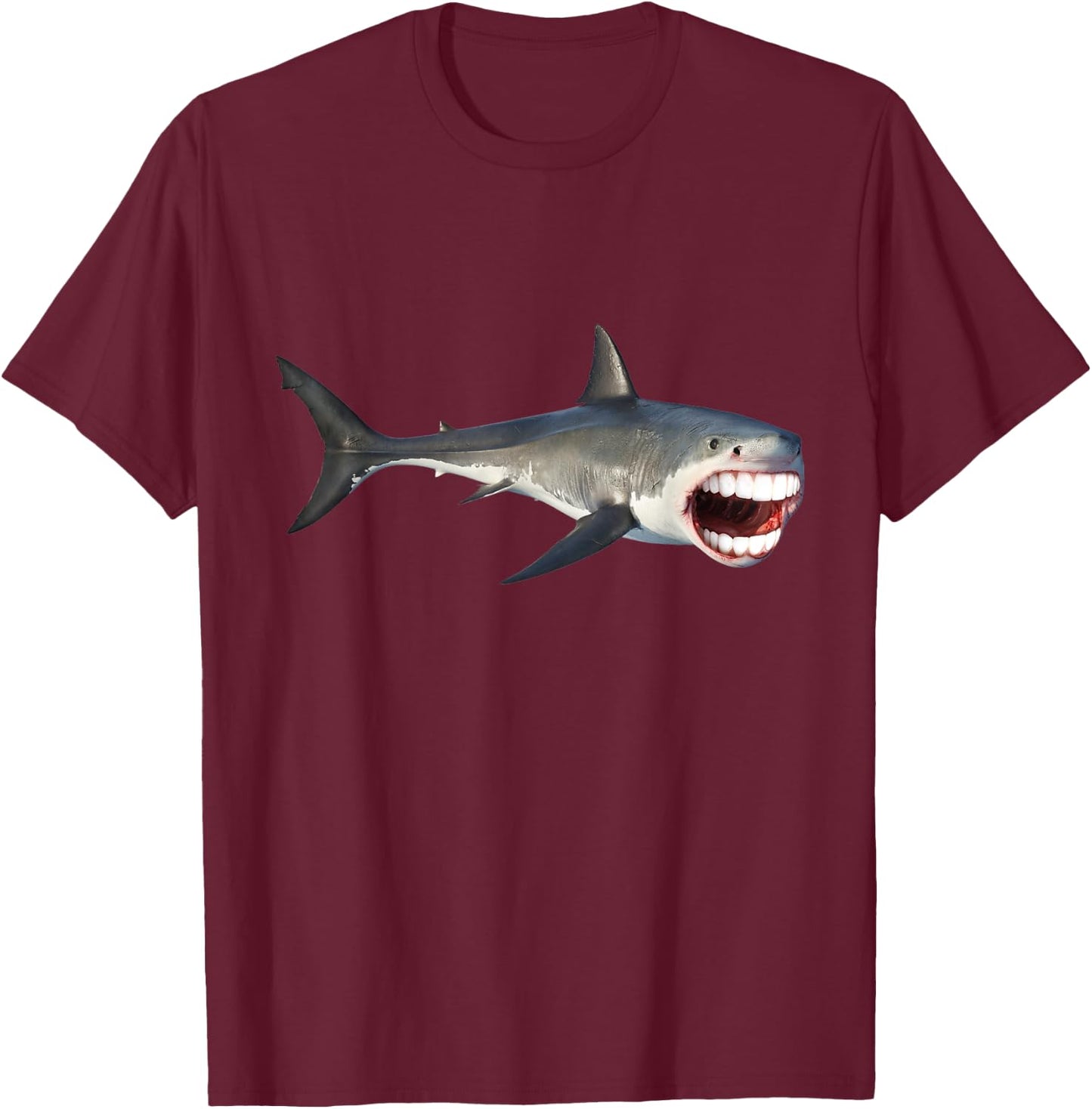 Great White With Human Teeth Funny Shark T-Shirt - T-Shirt | Maroon