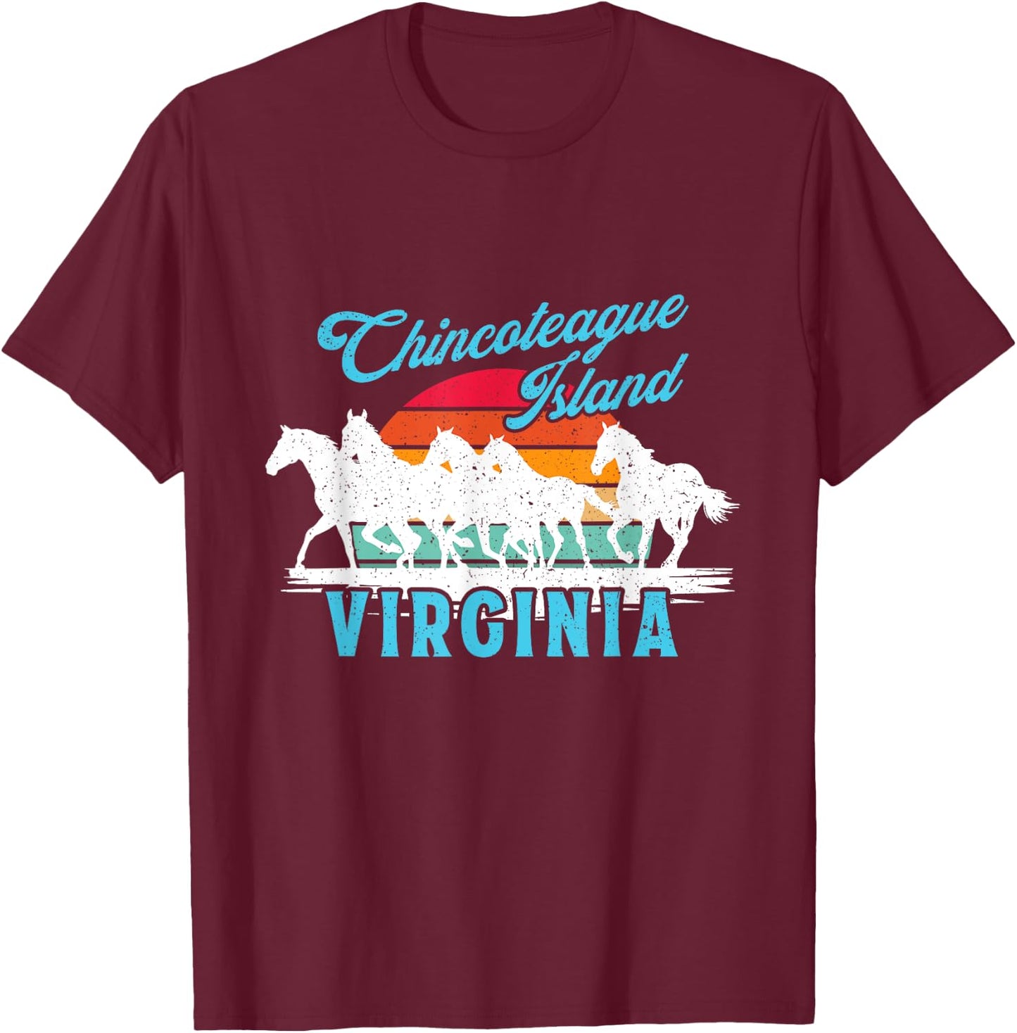 Chincoteague Island Wild Horses Virginia Travel Retro Sunset T-Shirt - T-Shirt | Maroon