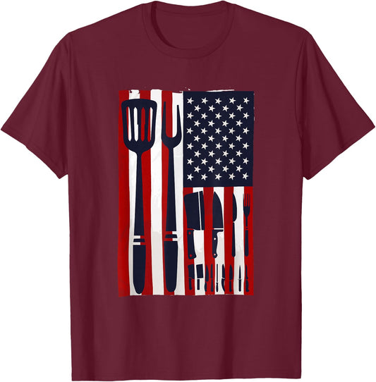 Chef Knives USA Flag Patriotic Cook America Cooking Knife T-Shirt - T-Shirt | Maroon