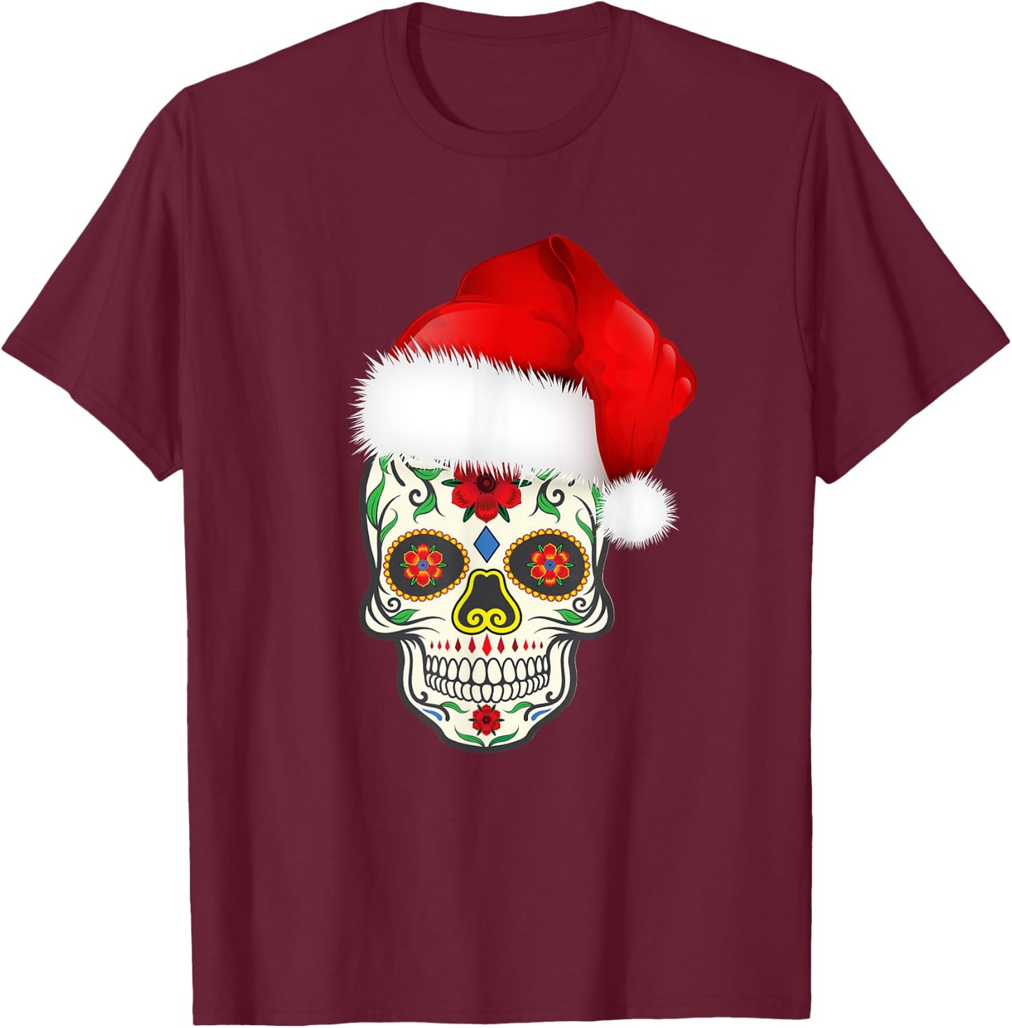 Sugar Skull With Christmas Santa Hat Day of the Dead T-Shirt - T-Shirt | Maroon