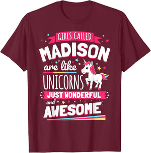 Madison Forename Prename First Given Name Unicorn T-Shirt - T-Shirt | Maroon