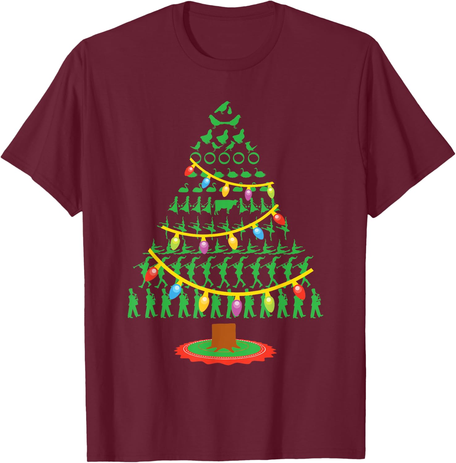 Twelve Days of Christmas Tree T Shirt T-Shirt - T-Shirt | Maroon