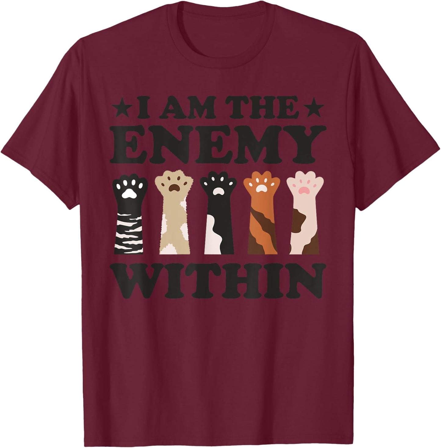 Adults Grey Small Modern Cat Letter Print Short Sleeve T-Shirt - T-Shirt | Maroon