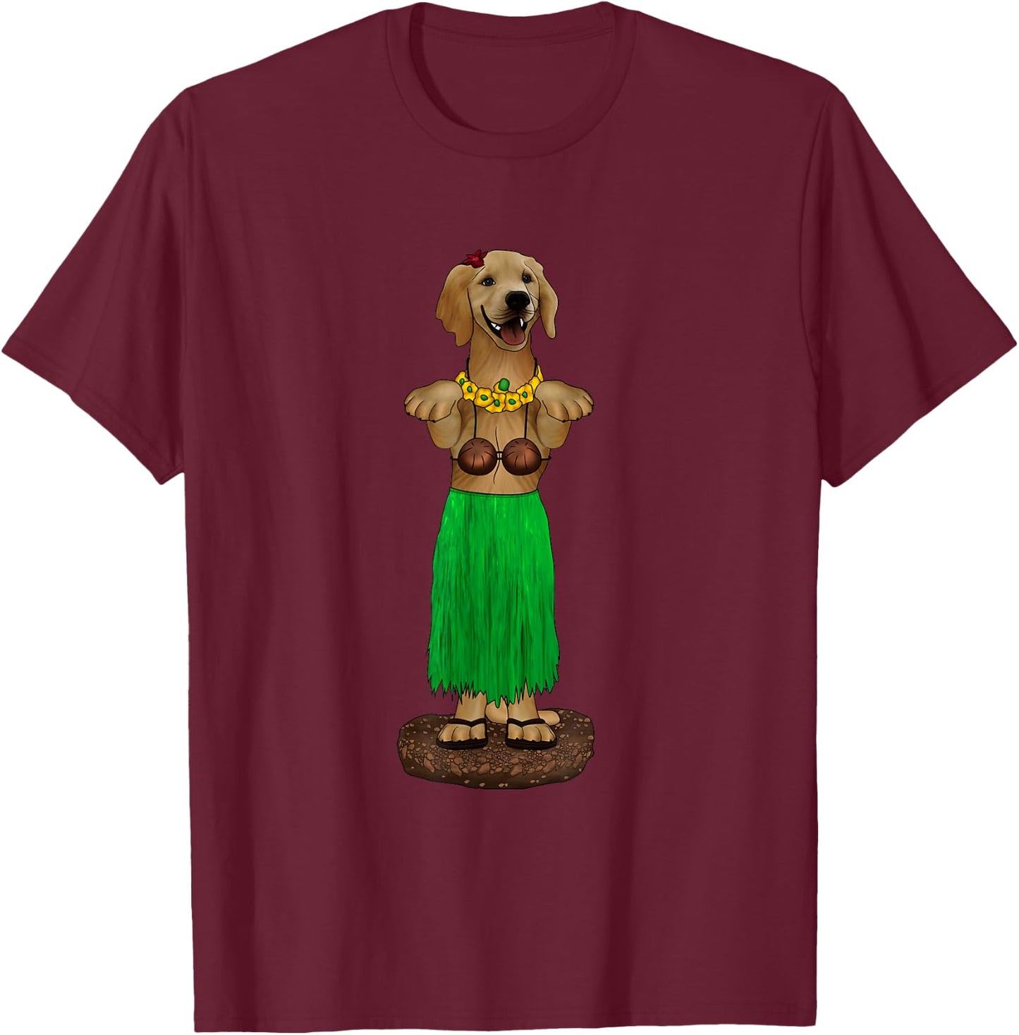 Dashboard Hula Dog Golden Retriever Lei Coconut Bra Women Kids T-Shirt - T-Shirt | Maroon