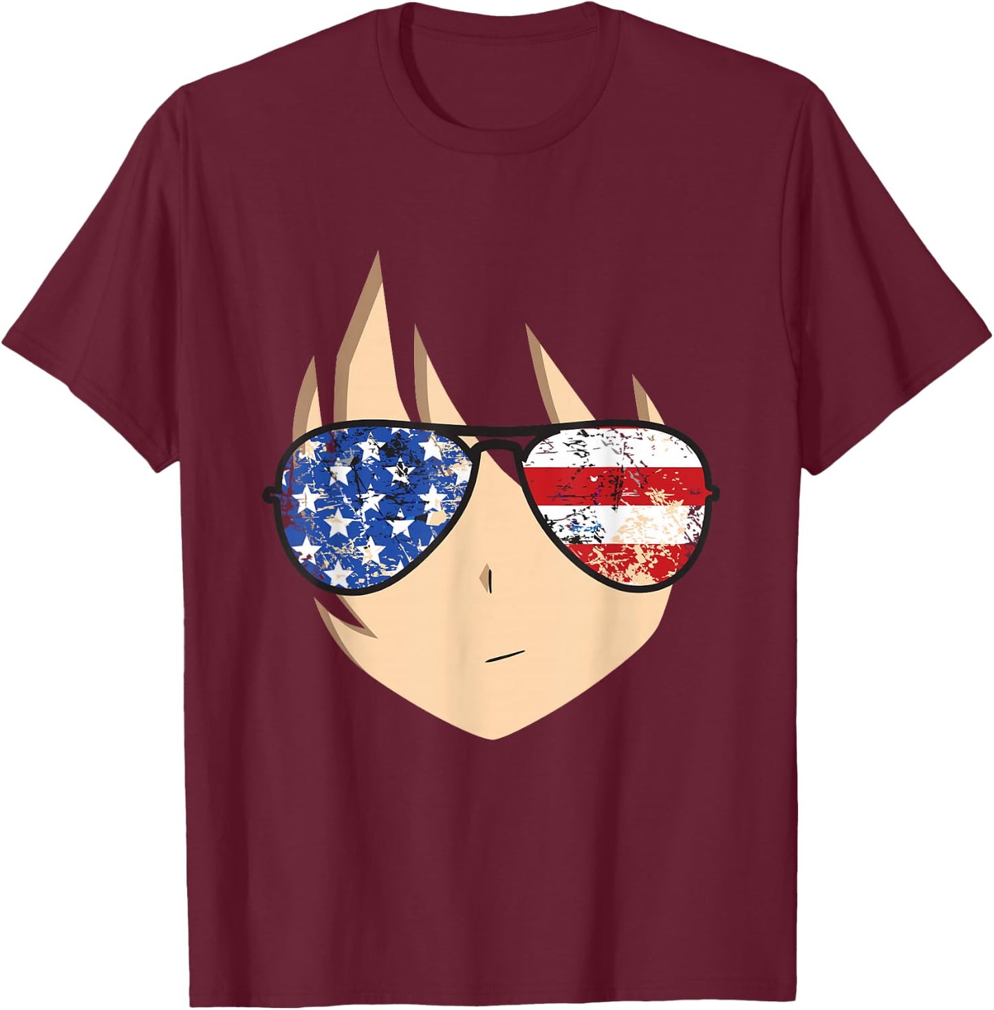 American Anime Face Shirt USA Sunglasses 4th of July T-Shirt - T-Shirt | Maroon