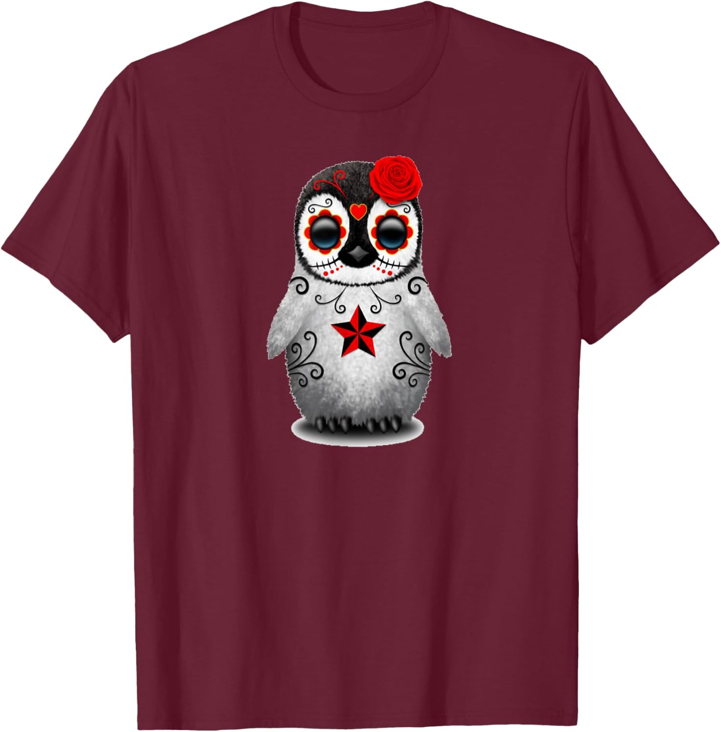 Sugar Skull Penguin Day Of The Dead Halloween T-Shirt - T-Shirt | Maroon
