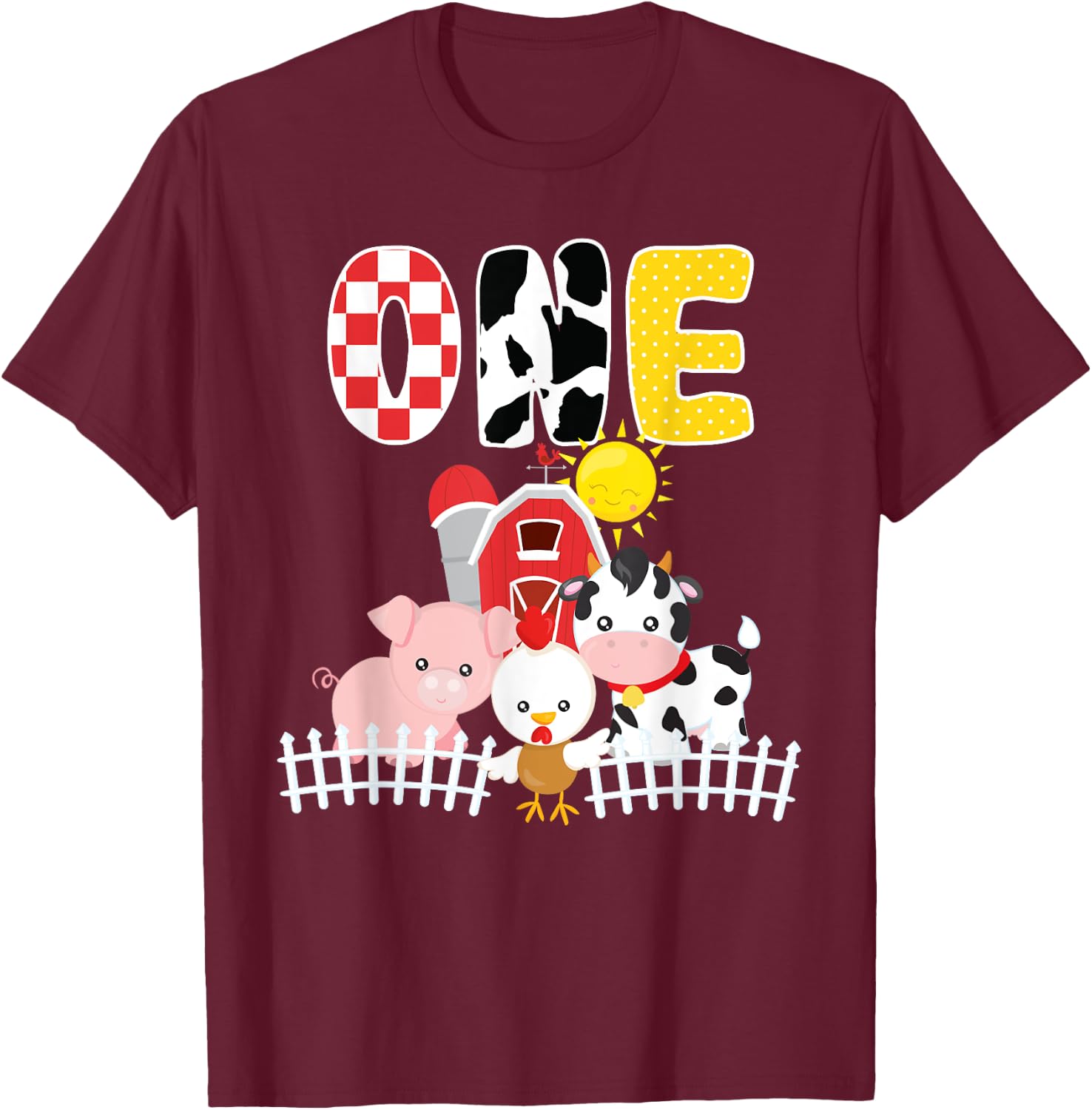 Barnyard Farm Animals 1st Birthday 1 Year Old Birthday Shirt T-Shirt - T-Shirt | Maroon
