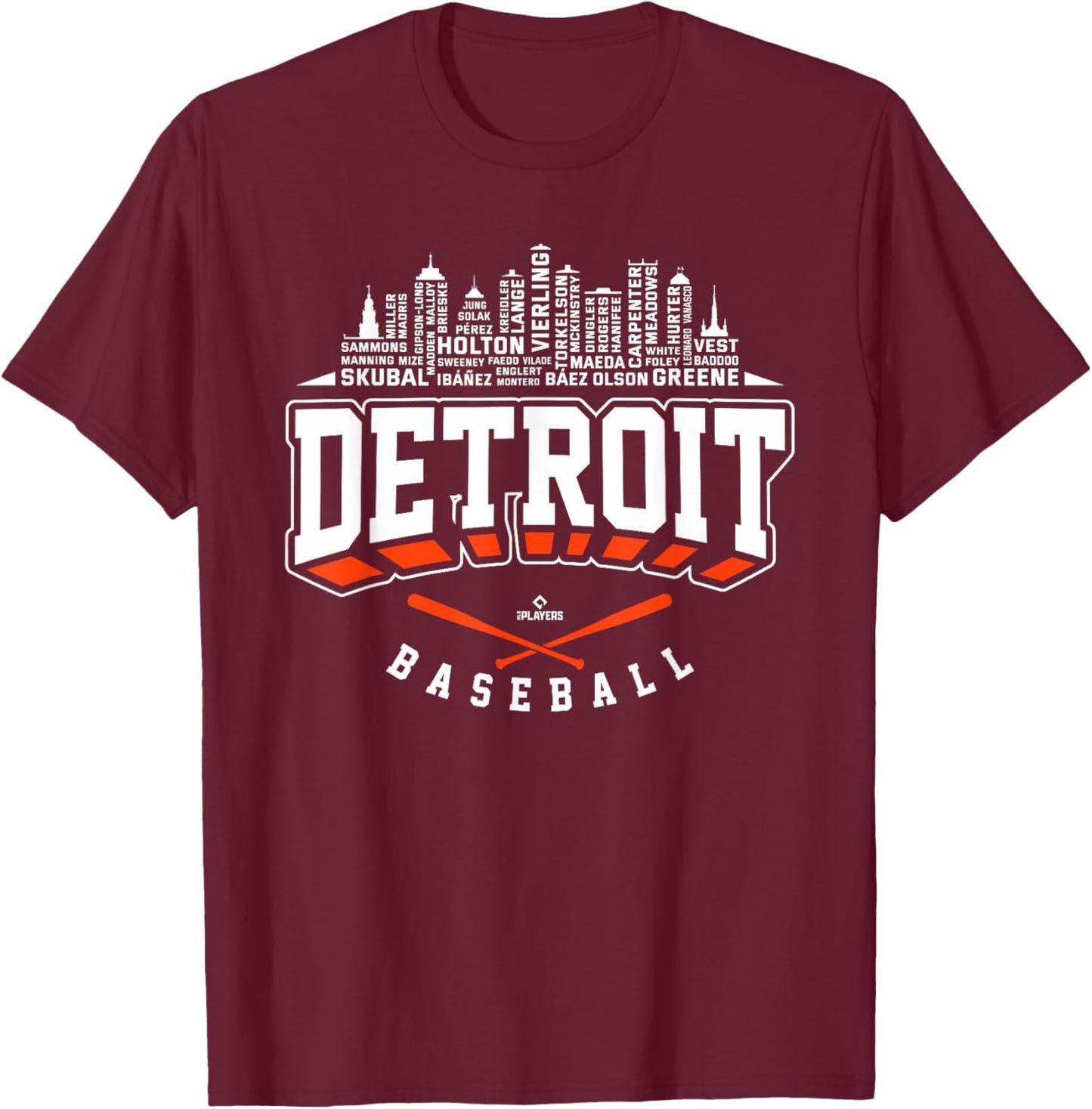2024 Skyline Word Art Tarik Skubal Detroit Baseball MLBPA T-Shirt - T-Shirt | Maroon