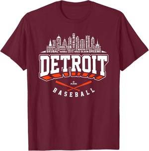 2024 Skyline Word Art Tarik Skubal Detroit Baseball MLBPA T-Shirt - T-Shirt | Maroon
