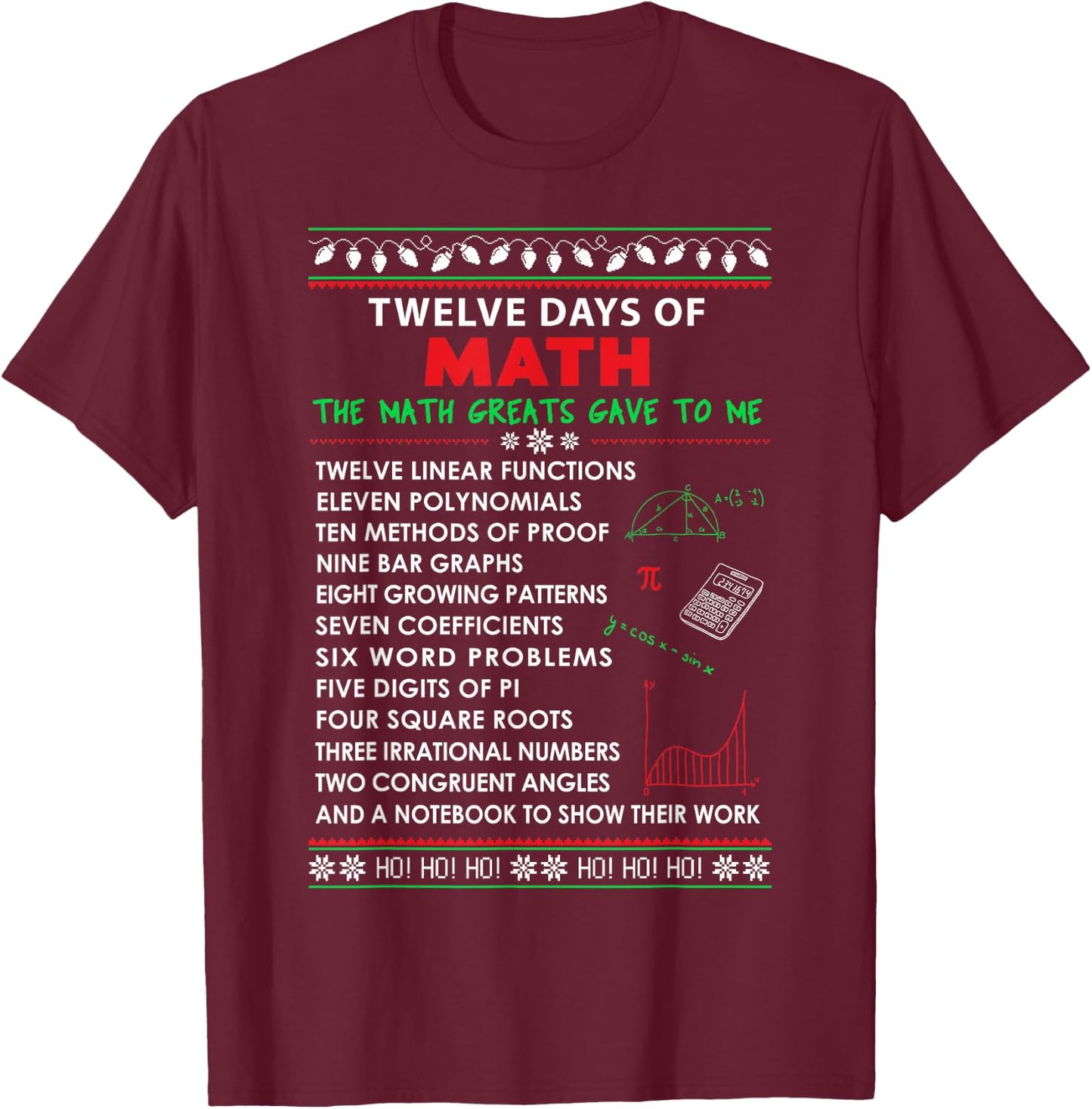 Math Teacher Christmas Shirt - 12 Days of Math Men Women Kids T-Shirt - T-Shirt | Maroon
