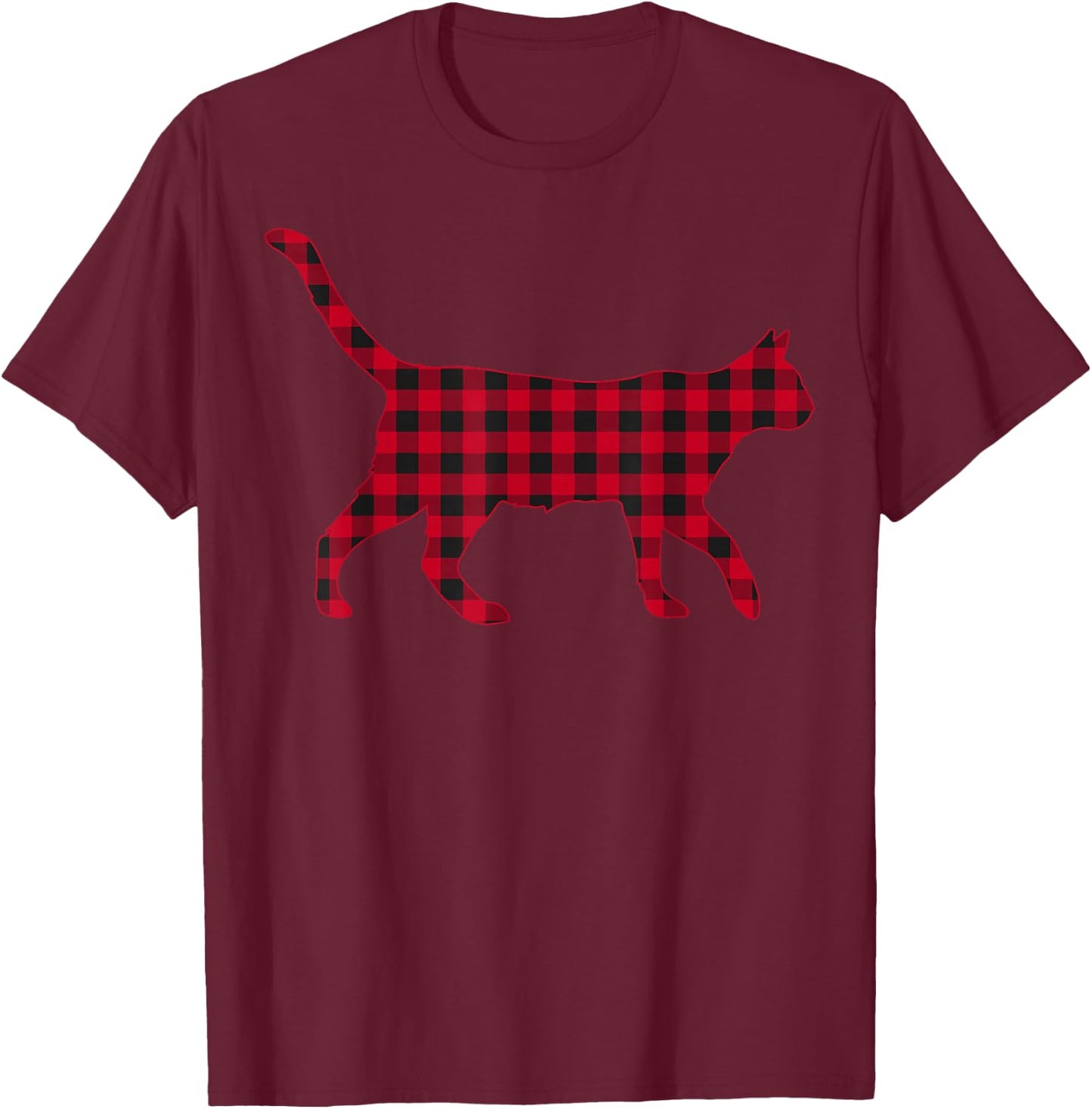 Red Plaid Reindeer Cat Christmas Buffalo Pajama T-Shirt - T-Shirt | Maroon