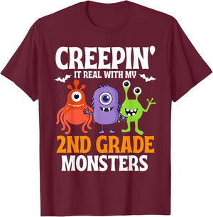 Creepin' It Real with My 2nd Second Grade Monsters Halloween T-Shirt - T-Shirt | Maroon