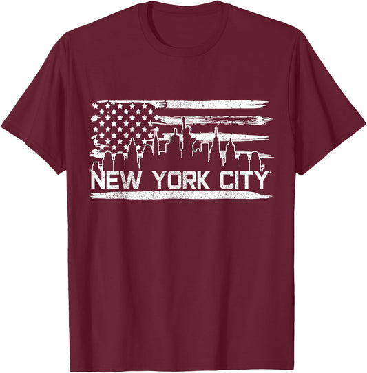 New York City Skyline American Flag Souvenir Gift T-Shirt - T-Shirt | Maroon