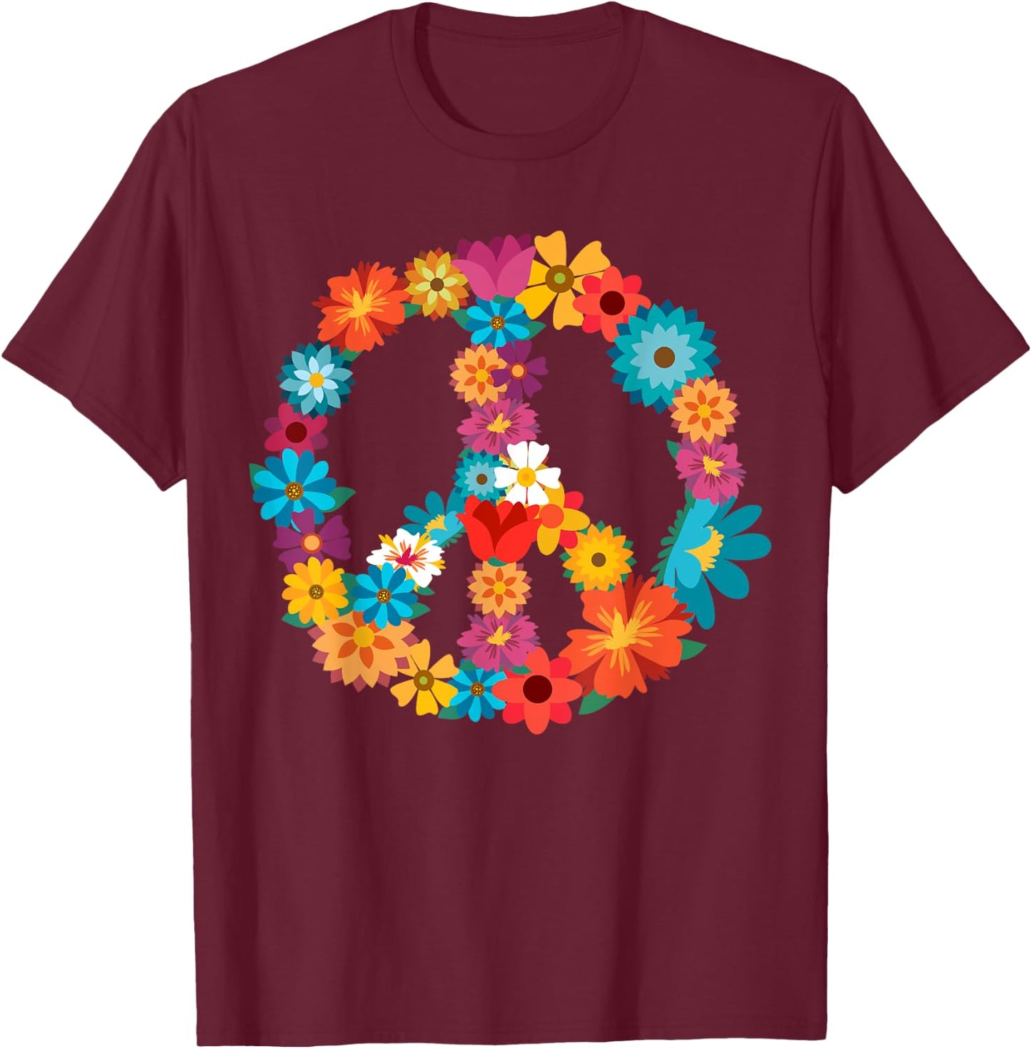 Peace Love | 60's 70's Hippie Costume Colorful Flowers T-Shirt - T-Shirt | Maroon