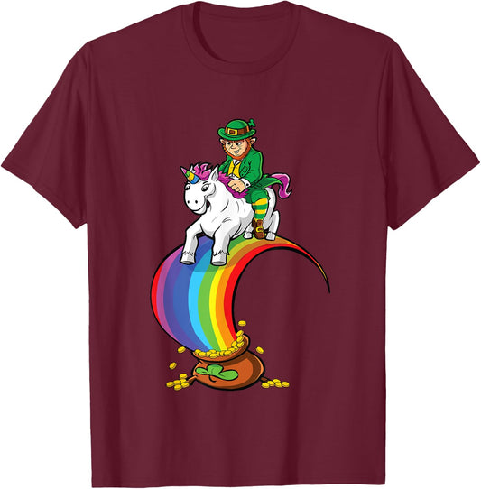 Leprechaun Riding Unicorn Over Rainbow & Pot of Gold T-Shirt - T-Shirt | Maroon