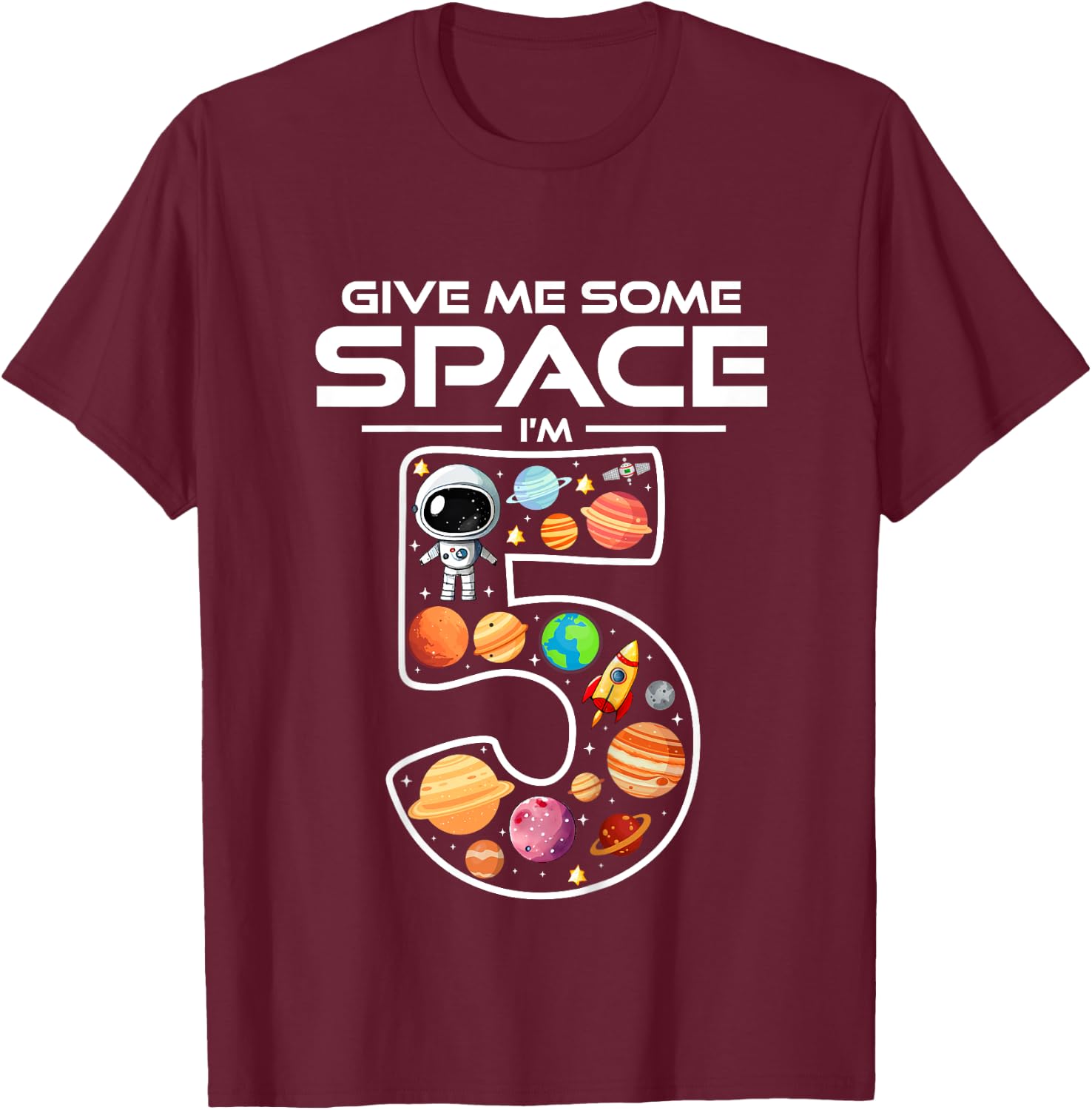 Kids 5 Year Old Boy Astronaut Space Birthday 5th Birthday Boys T-Shirt - T-Shirt | Maroon