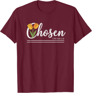 Chosen 1 Peter 2:9 Christian Scriptural Floral Design T-Shirt - T-Shirt | Maroon