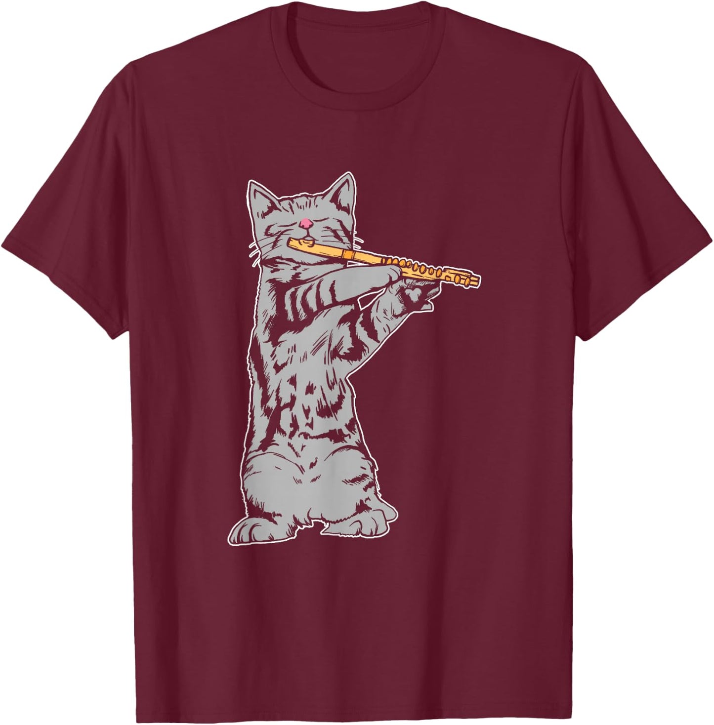 Cat Playing Flute Cool Musician Marching Band T-Shirt - T-Shirt | Maroon