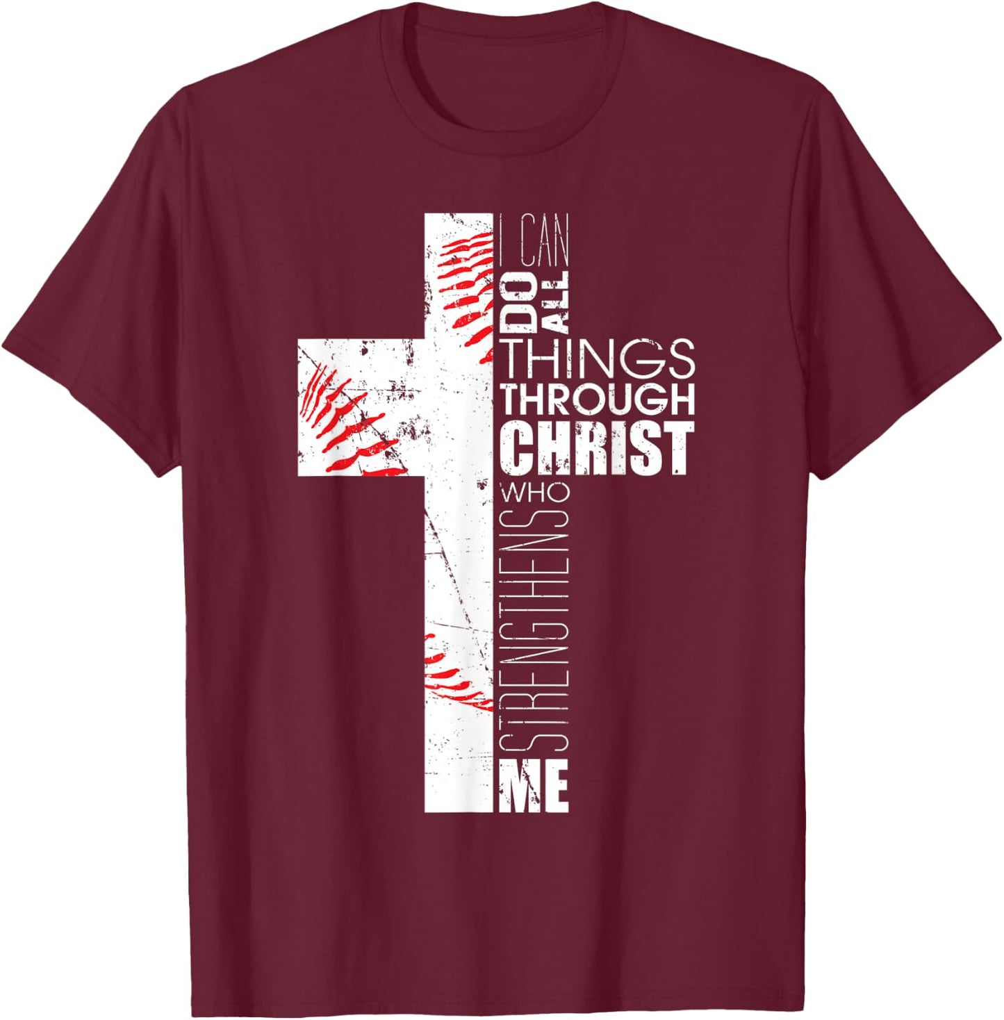 Philippians 4:13 Baseball Cross Gifts Christian Bible Verse T-Shirt - T-Shirt | Maroon