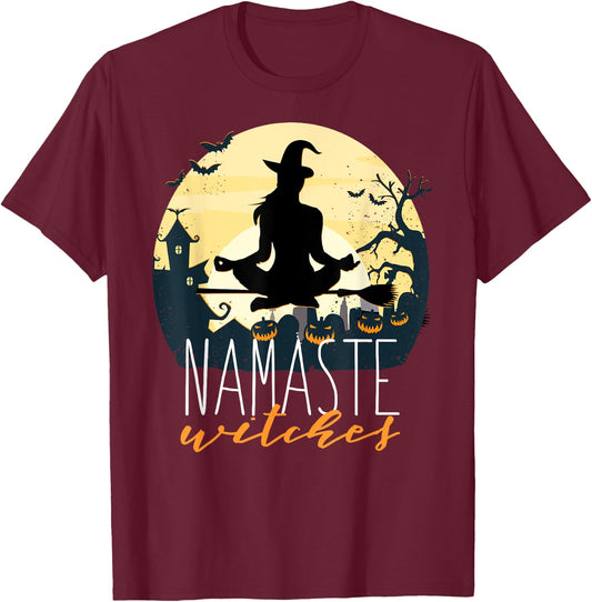 NAMASTE WITCHES Halloween Funny Yoga Witch Meme T-Shirt - T-Shirt | Maroon
