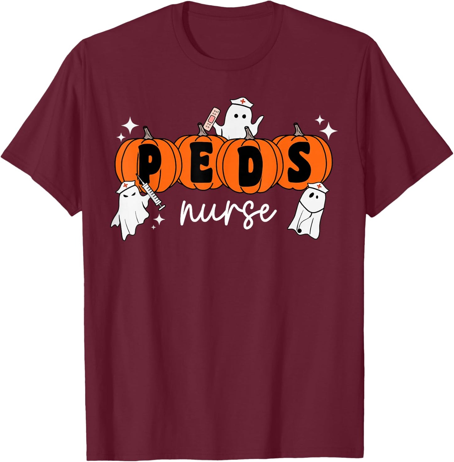 Peds Nurse Crew Ghost Pumpkin Pediatric Nurse Halloween T-Shirt - T-Shirt | Maroon