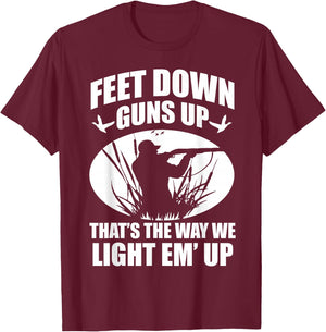 Duck Hunting Ar Men's Adults Black Small Classic Fit Modern Crew Collar Short Sleeve Funny Duck Hunting Feet Down Guns Up Hunters Gift T-Shirt - T-Shirt | Maroon