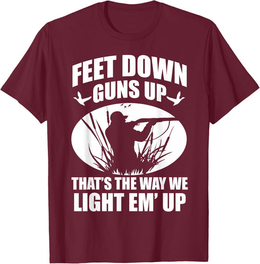 Duck Hunting Ar Men's Adults Black Small Classic Fit Modern Crew Collar Short Sleeve Funny Duck Hunting Feet Down Guns Up Hunters Gift T-Shirt - T-Shirt | Maroon