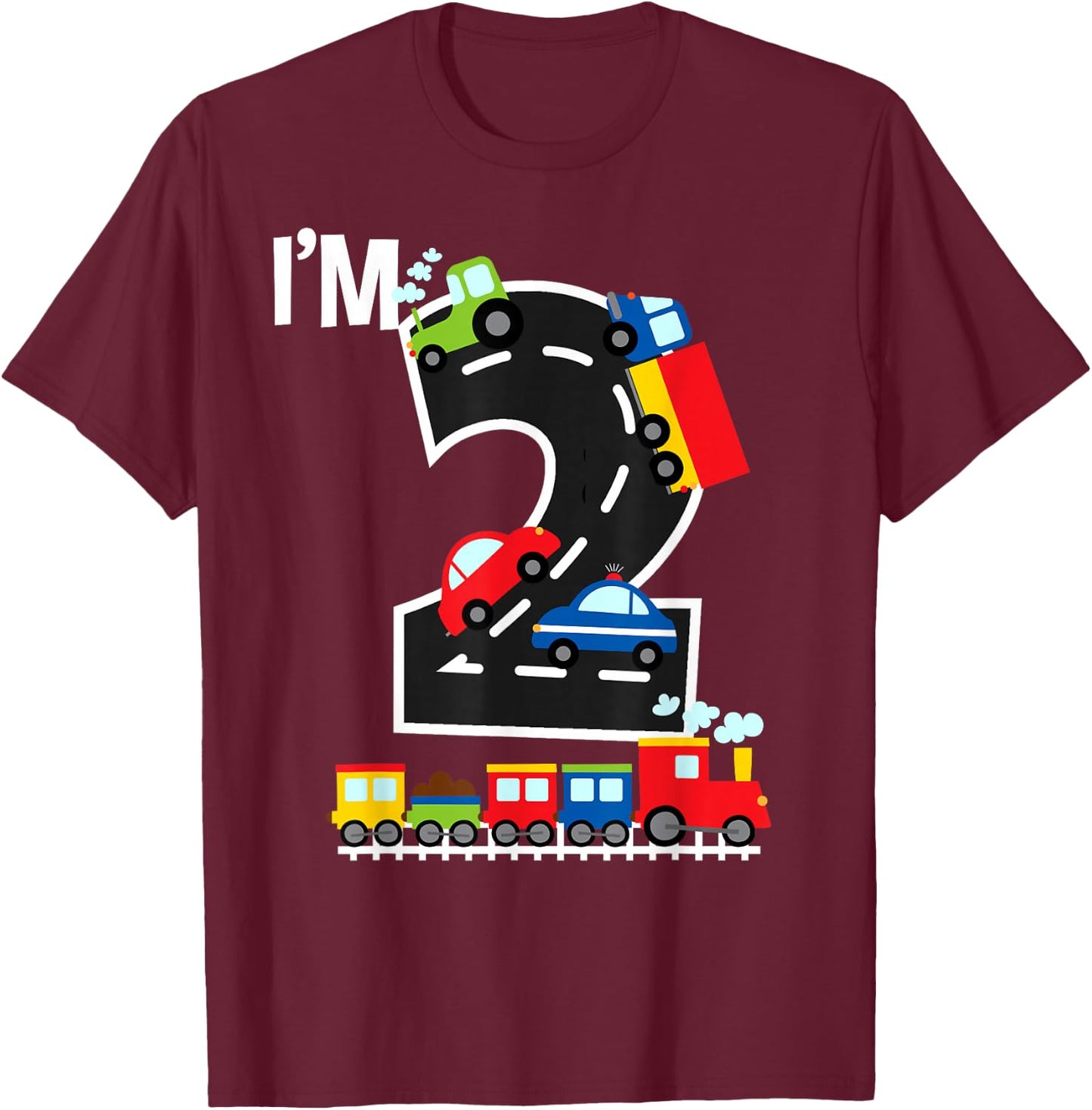 I'm 2 Birthday Boy 2nd Bday Trains Cars Trucks Number T-Shirt - T-Shirt | Maroon