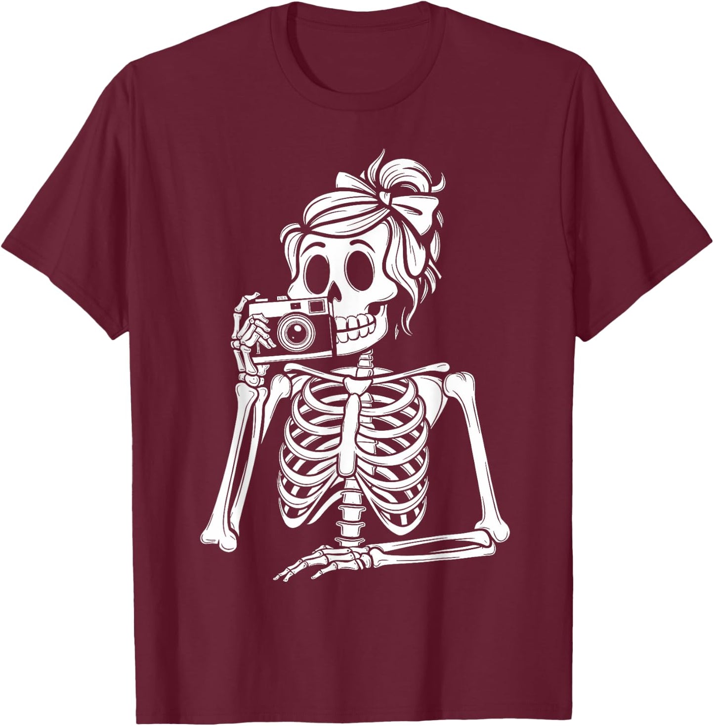 Skeleton Photography Camera Spooky Halloween Photographer T-Shirt - T-Shirt | Maroon