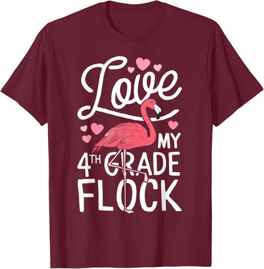 Love My 4th Grade Flock Flamingo Teacher Elementary Gift T-Shirt - T-Shirt | Maroon