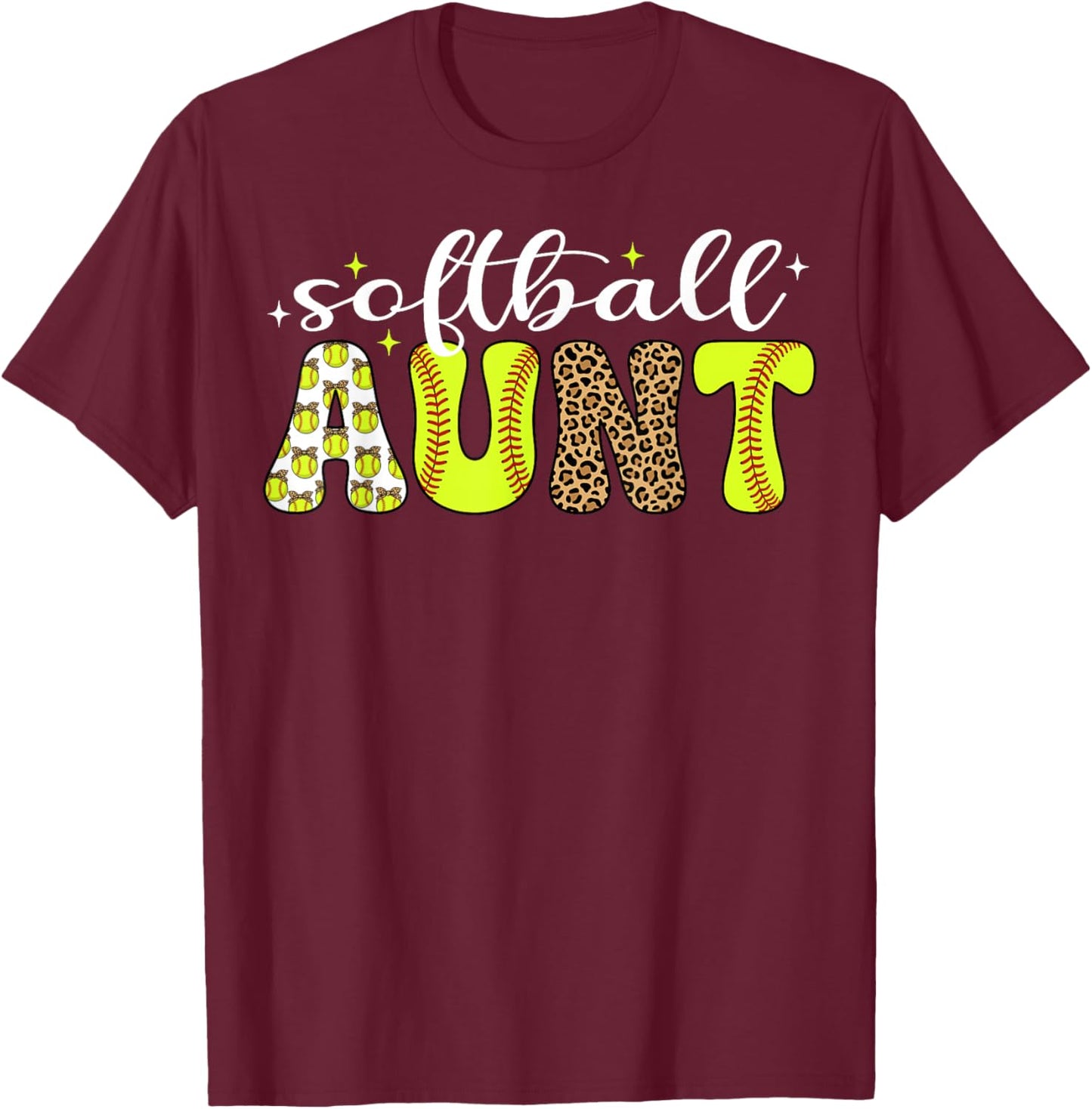 Softball Aunt Leopard Coquette Bow Auntie T-Shirt - T-Shirt | Maroon