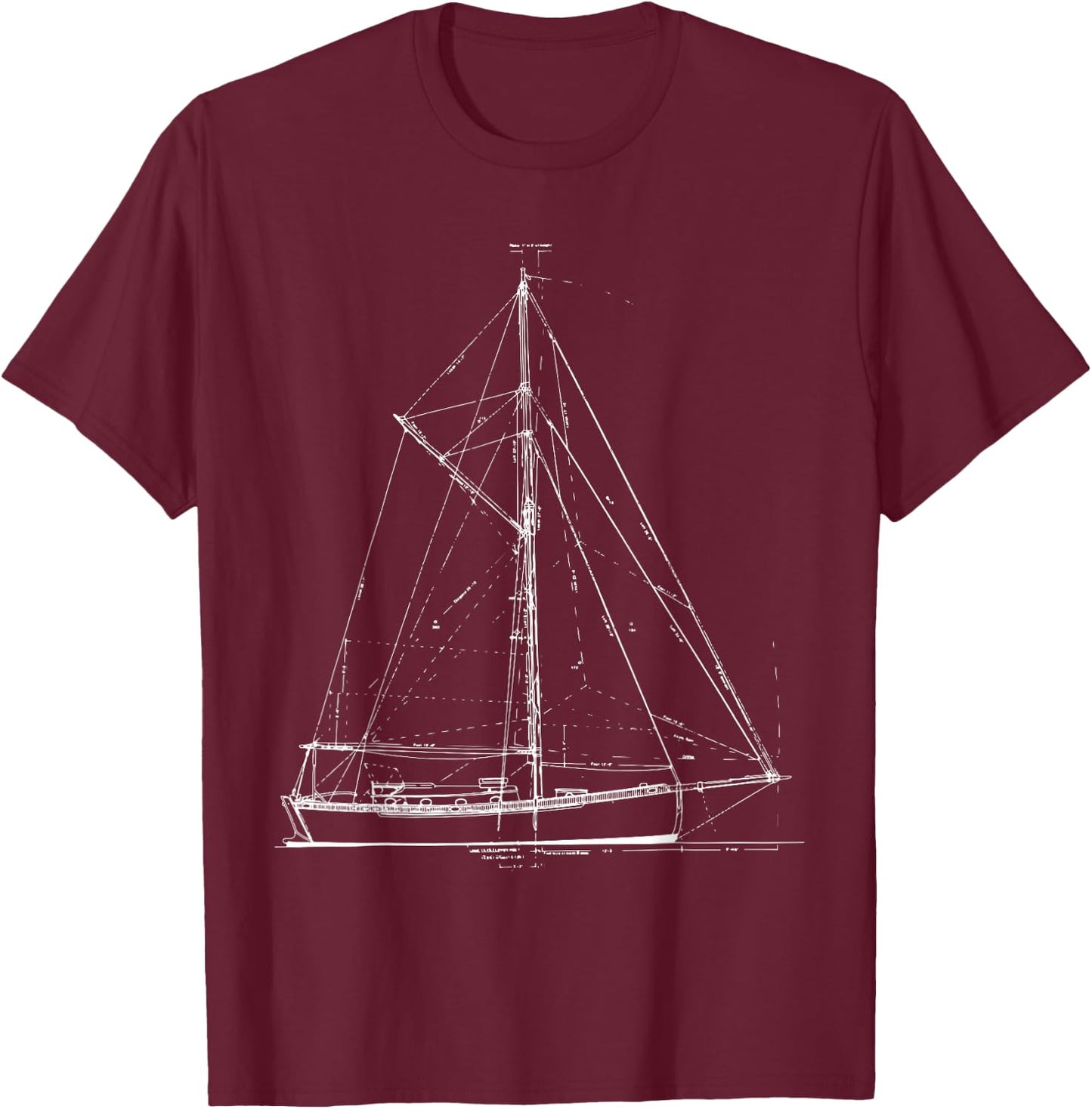 Vintage Retro Sailboat Blueprint T-Shirt - T-Shirt | Maroon