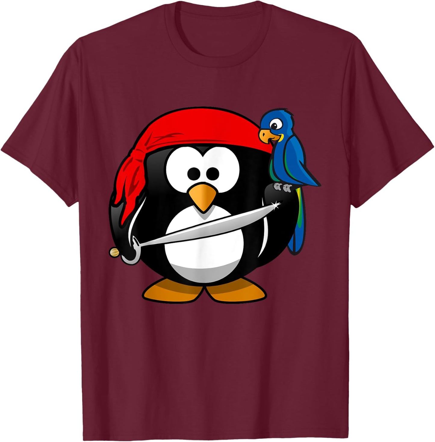 Cute Pirate Cartoon Penguin with Parrot T-Shirt - T-Shirt | Maroon