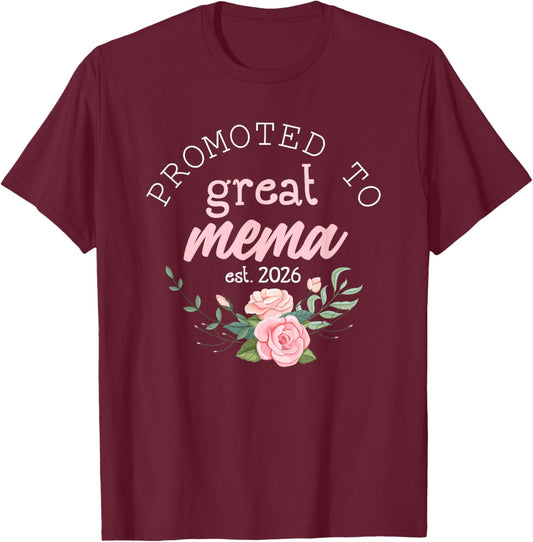 Promoted to Great Mema Est. 2026 Gifts First Time Grandma T-Shirt - T-Shirt | Maroon