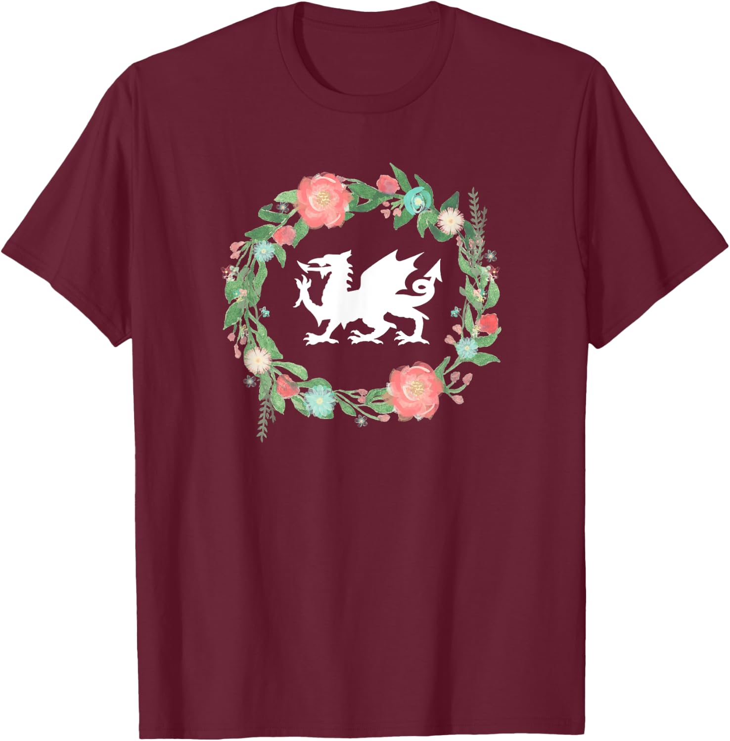 Floral Welsh Dragon - I Love Wales Cymru top T-Shirt - T-Shirt | Maroon