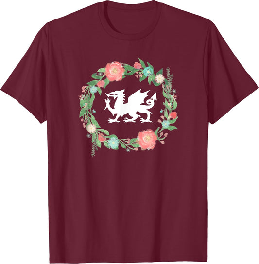 Floral Welsh Dragon - I Love Wales Cymru top T-Shirt - T-Shirt | Maroon