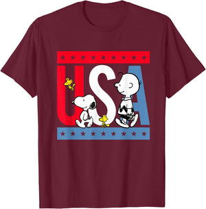 Peanuts Snoopy Americana red White and Blue USA T-Shirt - T-Shirt | Maroon