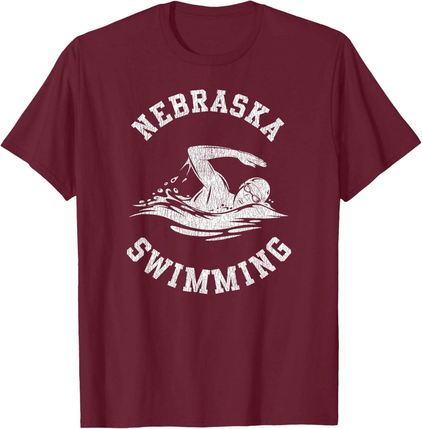 Nebraska Swimming Retro Distressed Swim Team Graphic T-Shirt - T-Shirt | Maroon